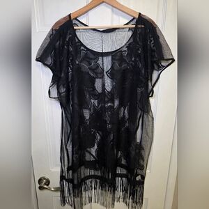 Cruise Club Black Sheer Fringe Swim Beach Bathing Suit Cover Up NWT